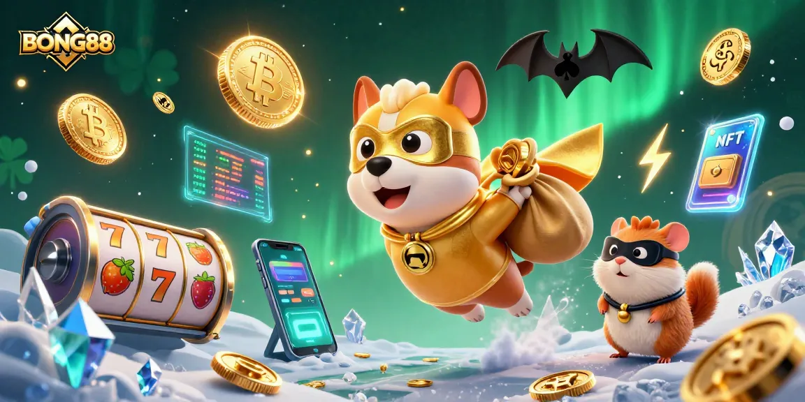 Experience thrilling BONG88 casino adventures with a heroic dog and hamster amidst vibrant crypto elements.