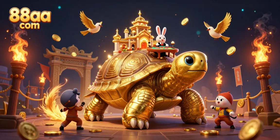 Win big with 88aa com at the vibrant online casino featuring a golden tortoise and a rabbit dealer.