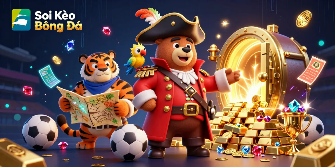 Soi Kèo Bóng Đá sports betting scene featuring a pirate bear and a tiger in a vibrant 3D environment.