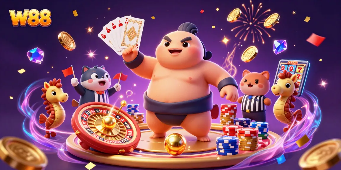 Join the excitement at W88 with an energetic underwater casino scene featuring colorful characters and dynamic game elements.