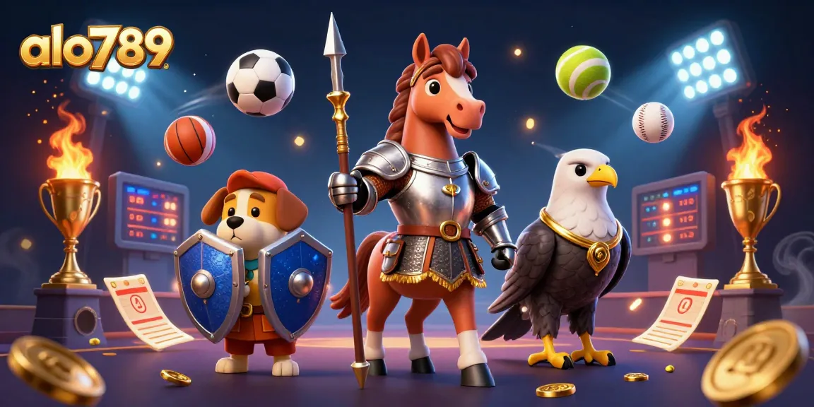 Alo789 knight and puppy celebrating wins in a vibrant gambling scene filled with sports elements.