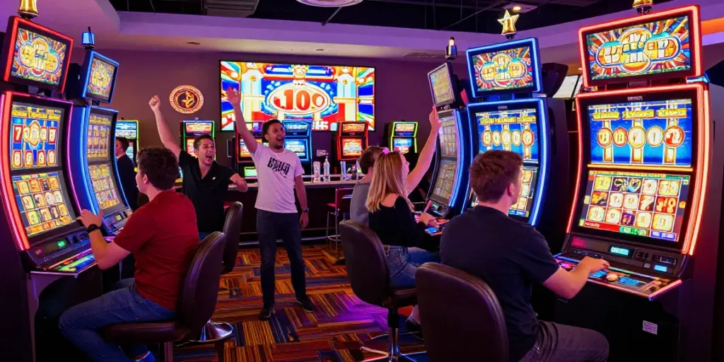 Exciting Lucky777 gaming scene with friends enjoying slots amidst vibrant casino atmosphere.