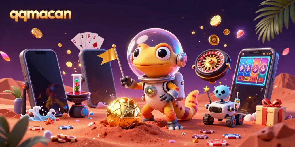 Experience thrilling gaming action at qqmacan's golden casino in a vibrant Martian backdrop with fun colors and hidden treasures.