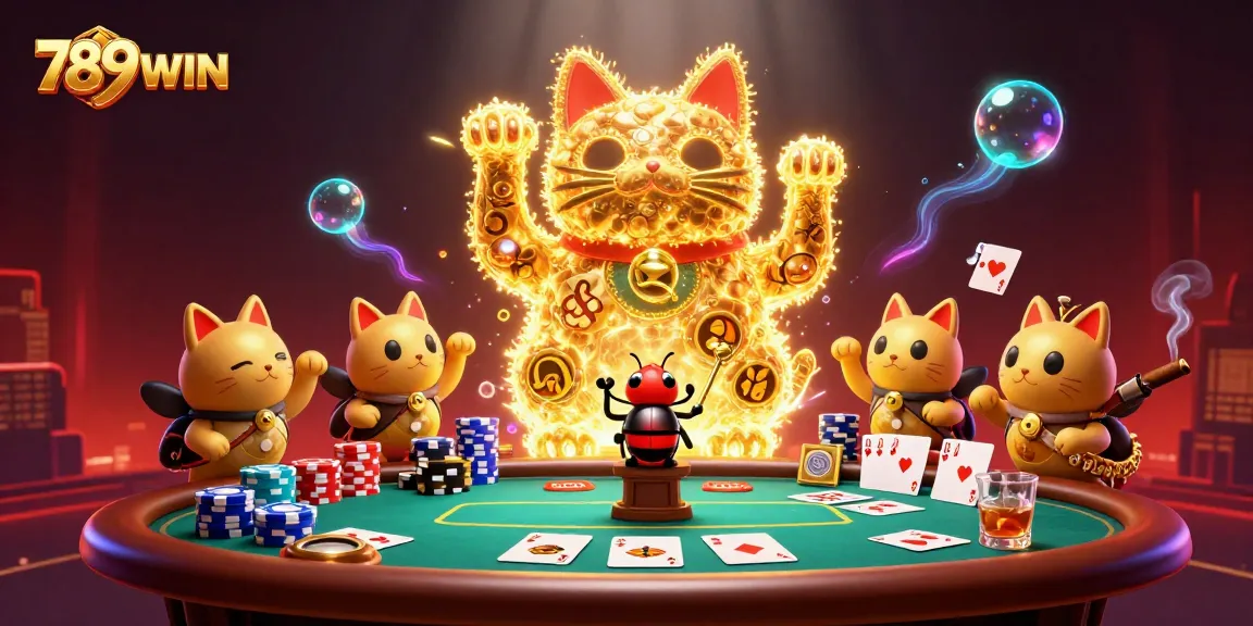 Engage in thrilling gaming adventures with 789WIN's vibrant casino illustration featuring a lucky cat.