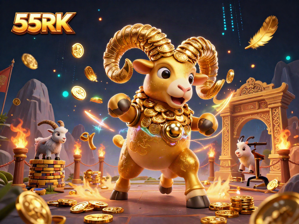Experience thrilling action with 55RK's golden ram charging through a lavish casino scene.