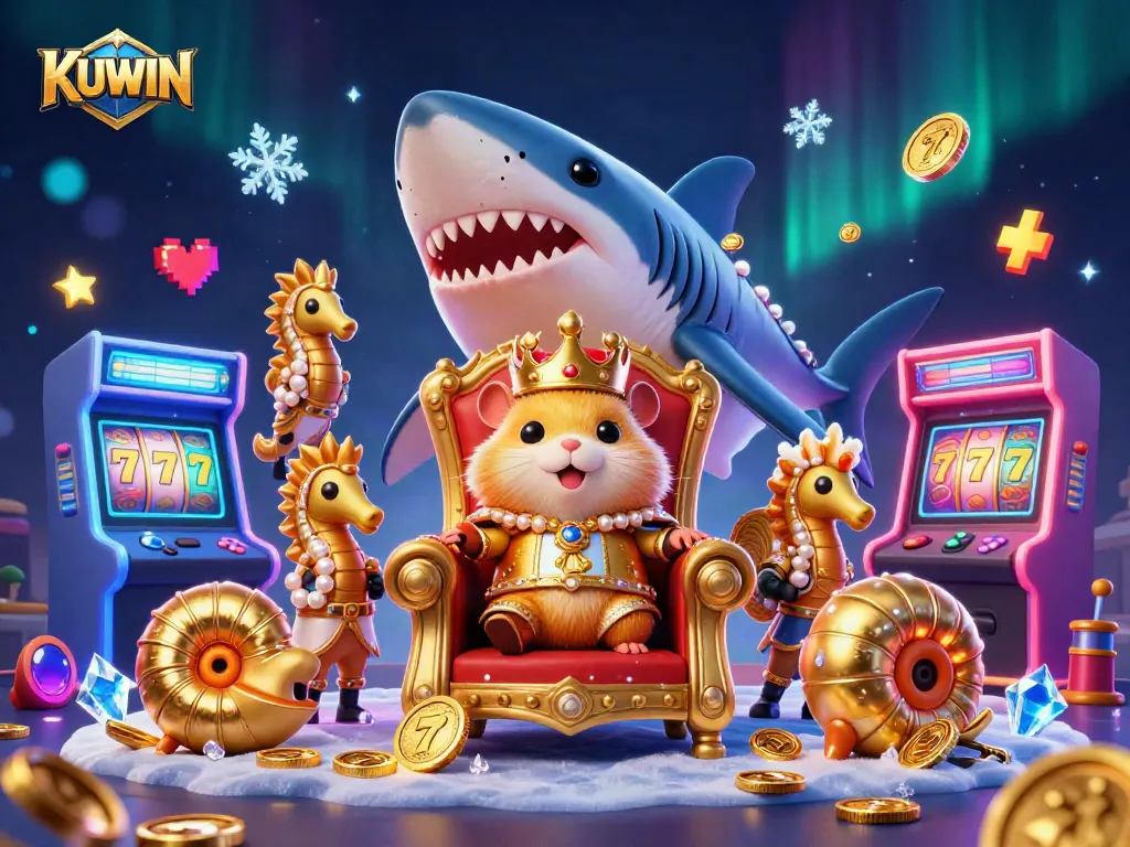 KUWIN games offer thrilling excitement with a golden hamster king and vibrant casino elements.