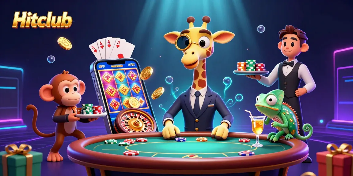 Hitclub offers thrilling gaming action with giraffe high-roller and monkey valet at the VIP poker table.