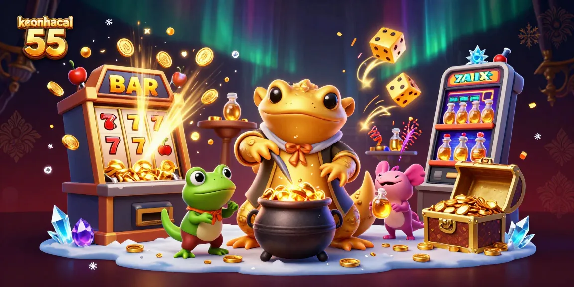 Experience the excitement of keonhacai 55 with a whimsical 3D illustration bursting with casino symbols.