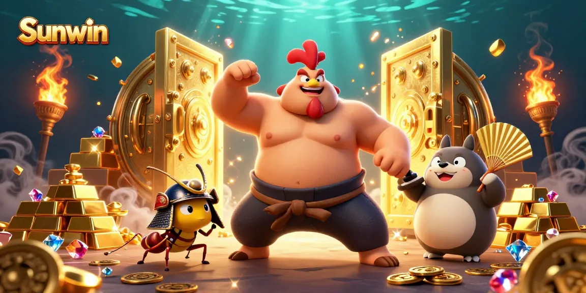 Sunwin features a powerful sumo wrestler rooster alongside a fierce samurai cricket in an exciting casino scene.