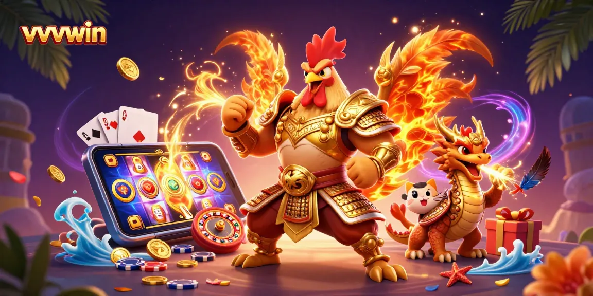 Experience thrilling gameplay at vvvwin with a dynamic scene featuring a fighting rooster, dragon, and vibrant slot game elements.