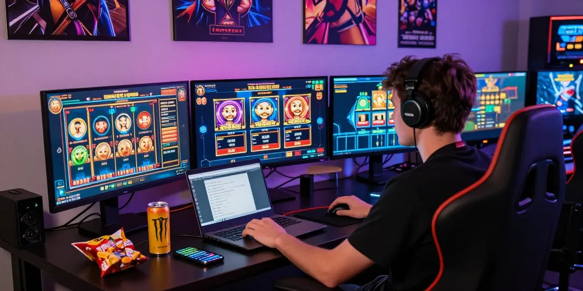Engaging สล็อต online gaming scene with player immersed in vibrant slot games.
