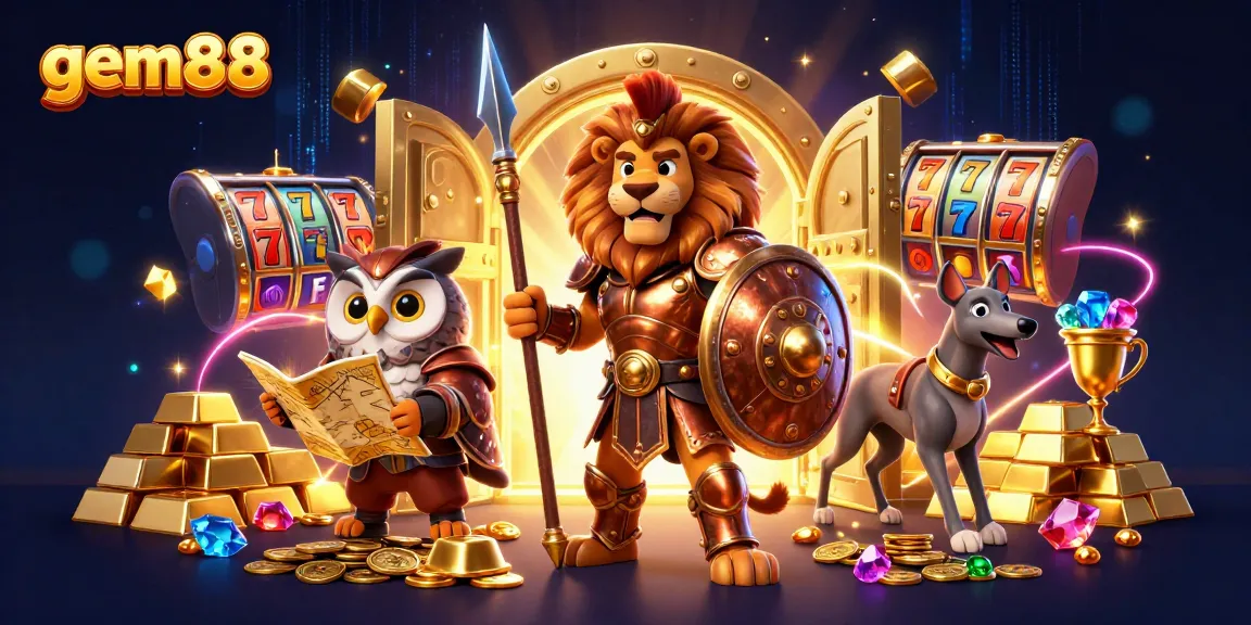 Experience gem88's vibrant casino atmosphere with 3D lion, owl, and greyhound amidst slot machines.