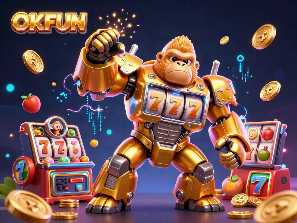 Experience the thrill of OKFUN with a vibrant 3D slot-themed illustration showcasing dynamic gaming elements.