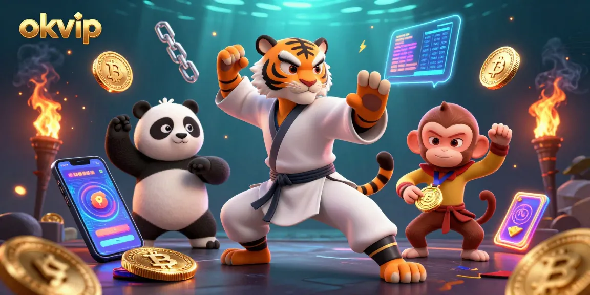 Experience thrilling action at okvip with a kung fu tiger master and a panda disciple amidst vibrant casino elements.