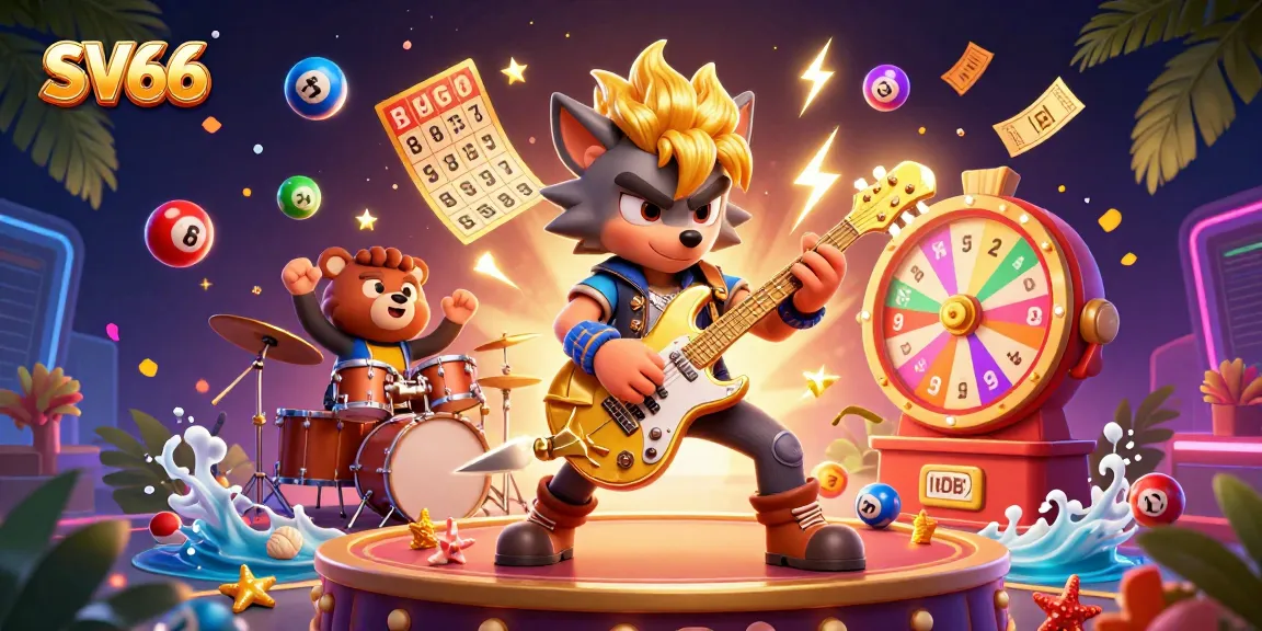 Experience thrilling casino excitement at SV66 with a dynamic scene of a rock star wolf and drummer bear.