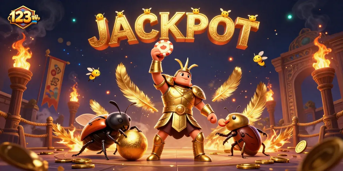 Experience the thrill of victory with 123win as a beetle champion celebrates in a vibrant online casino scene!