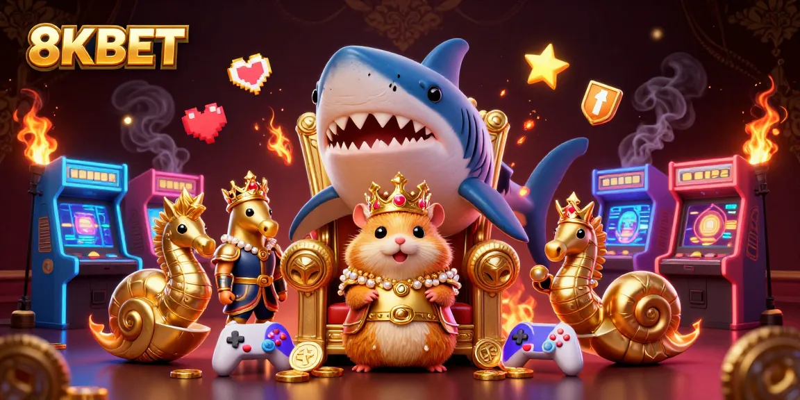 Play at 8KBET with a dynamic 3D illustration of a vibrant casino scene featuring lively gaming elements.