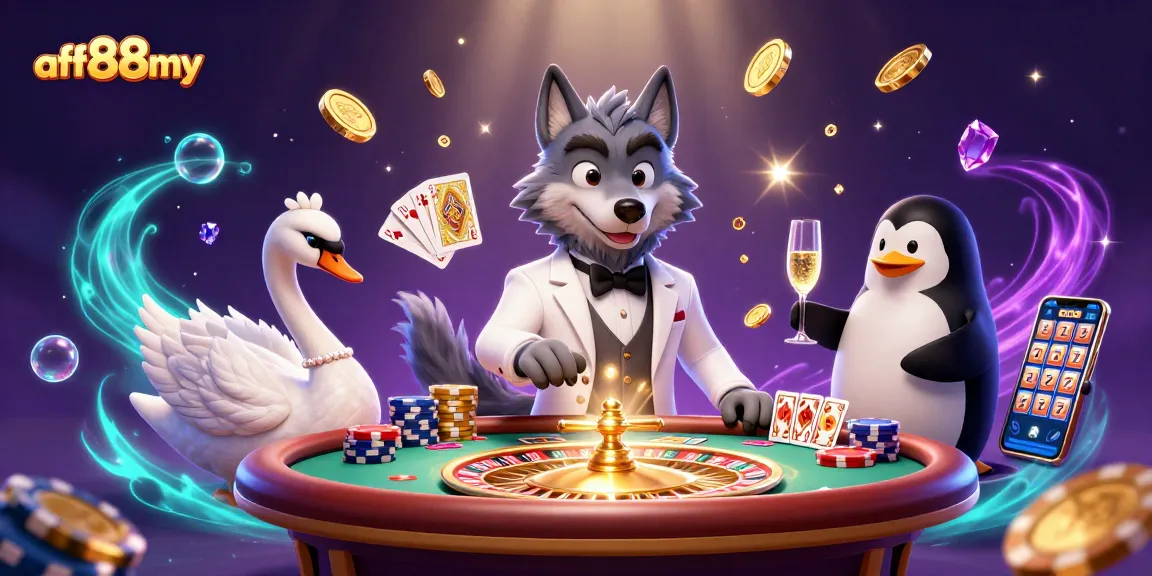 Experience thrilling casino action with afb88my featuring a debonair wolf, elegant swan, and penguin sommelier.