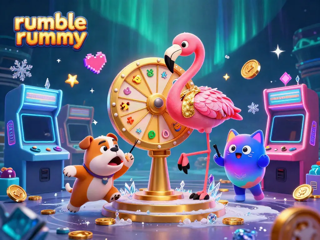 Experience the thrill of rumble rummy with an exciting scene featuring colorful slots and animated characters.