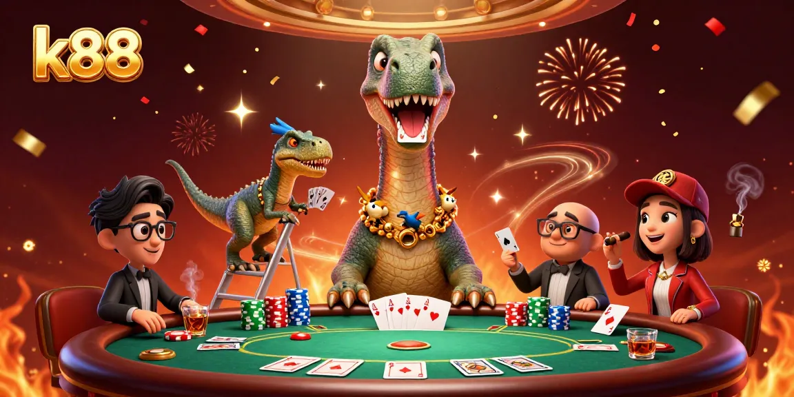 Experience thrilling poker action at k88 with a comedic twist featuring charming dinosaur characters.