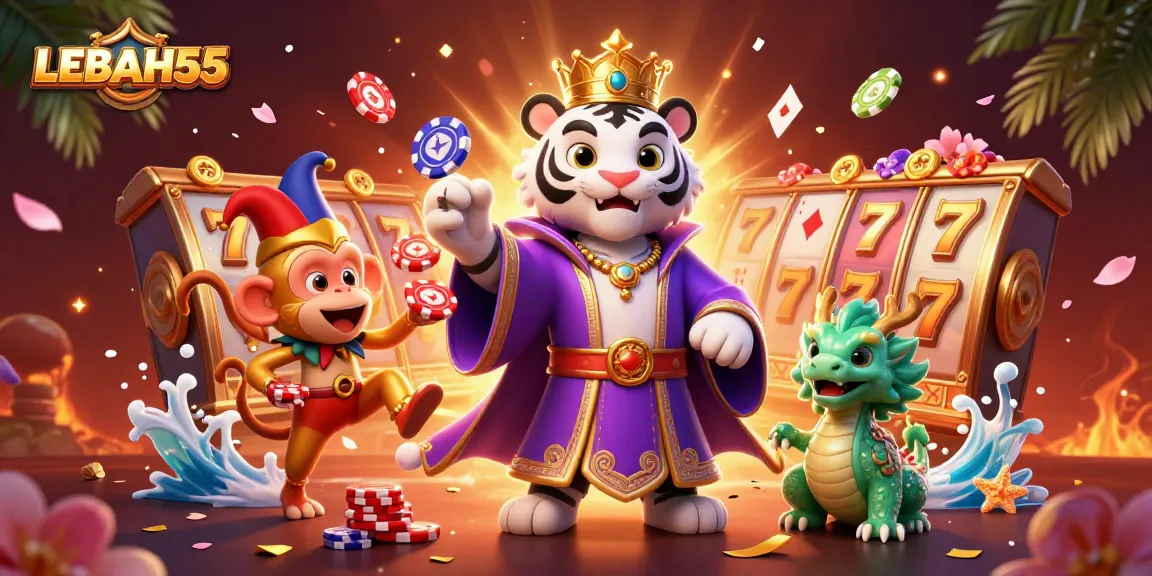 Engage with the vibrant atmosphere of LEBAH55 casino featuring dynamic 3D characters amidst rich gaming elements.