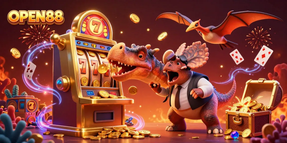 Experience the excitement at OPEN88 with a cartoon dinosaur interacting with a jackpot slot machine while coins fly everywhere.