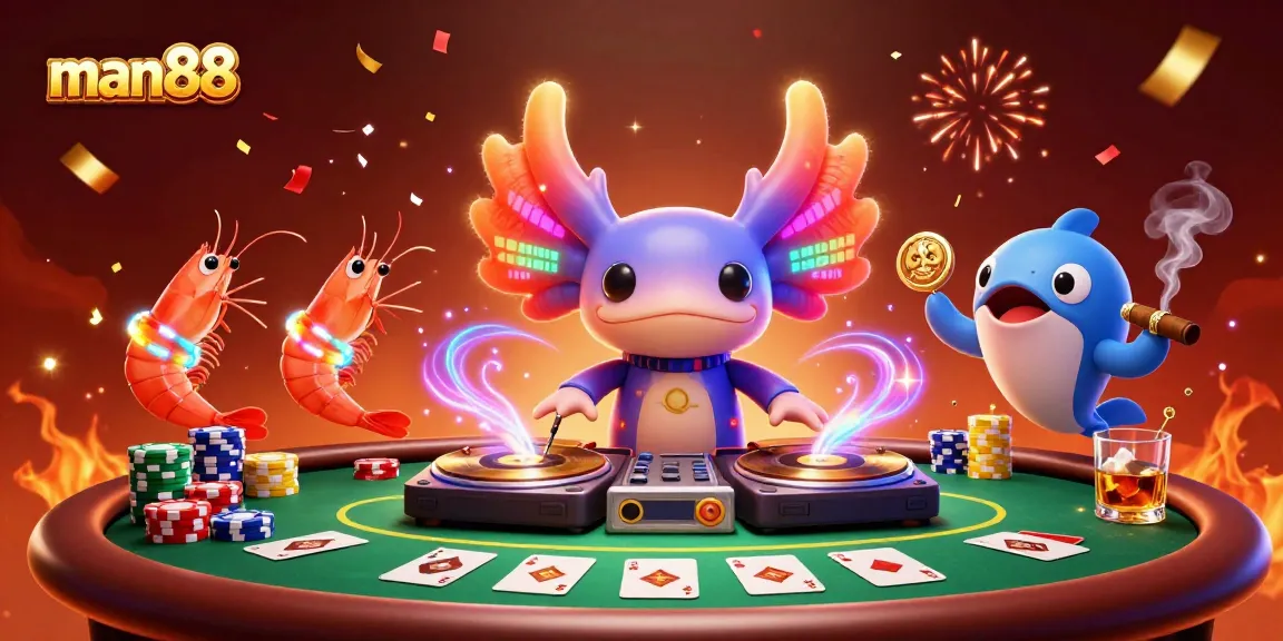 Join the excitement at man88 with vibrant casino-themed 3D illustration showcasing poker action and lively characters.