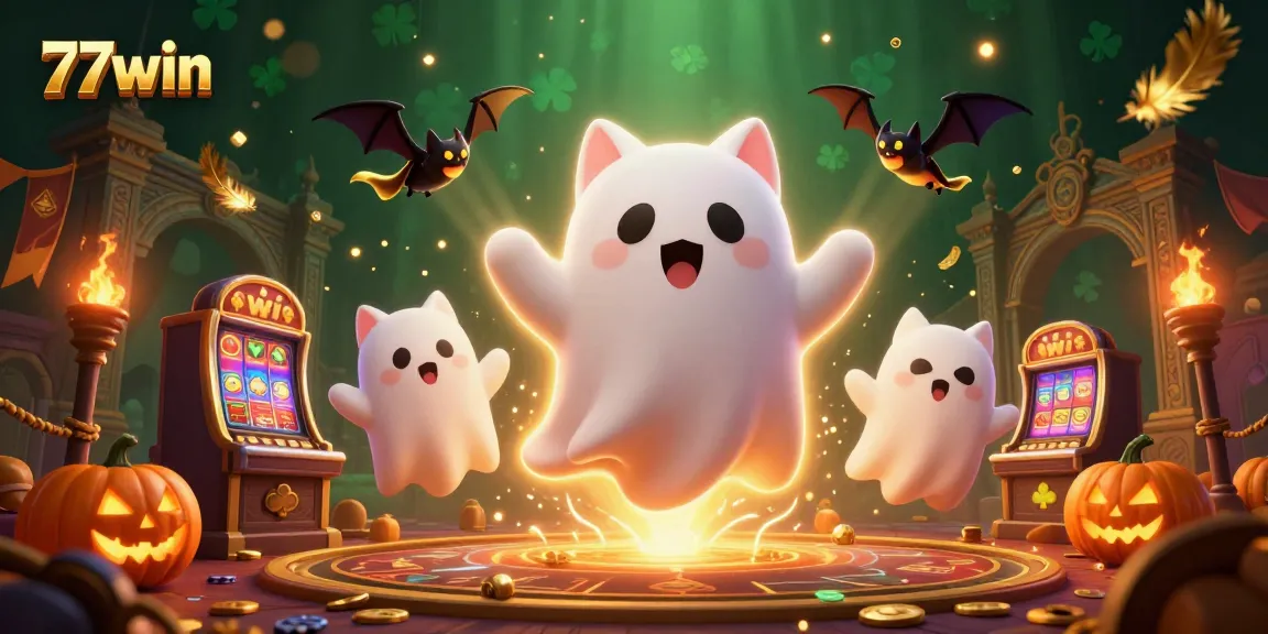 Join the thrilling world of 77win casino with our friendly ghost cat and vampire bat characters amidst vibrant gaming elements.