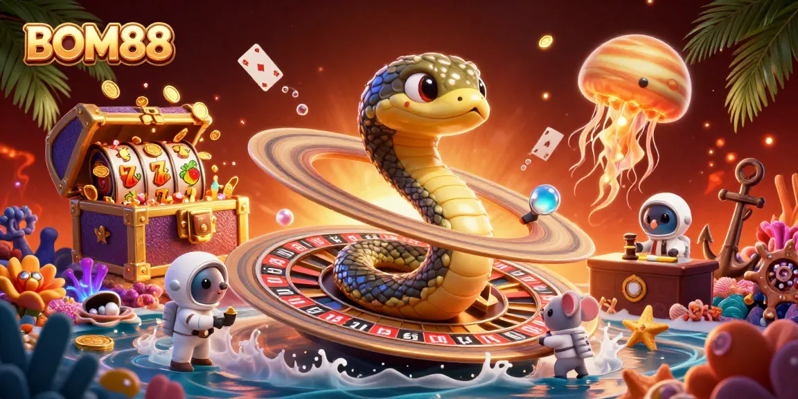 Experience thrilling wins with BOM88 in a vibrant 3D casino adventure illustration.