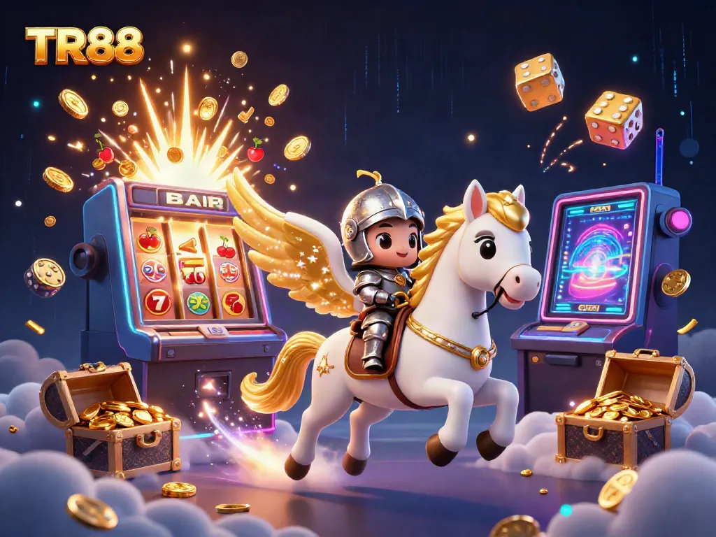 Experience thrilling wins with TR88, illustrated by a celestial horse and vibrant casino elements.
