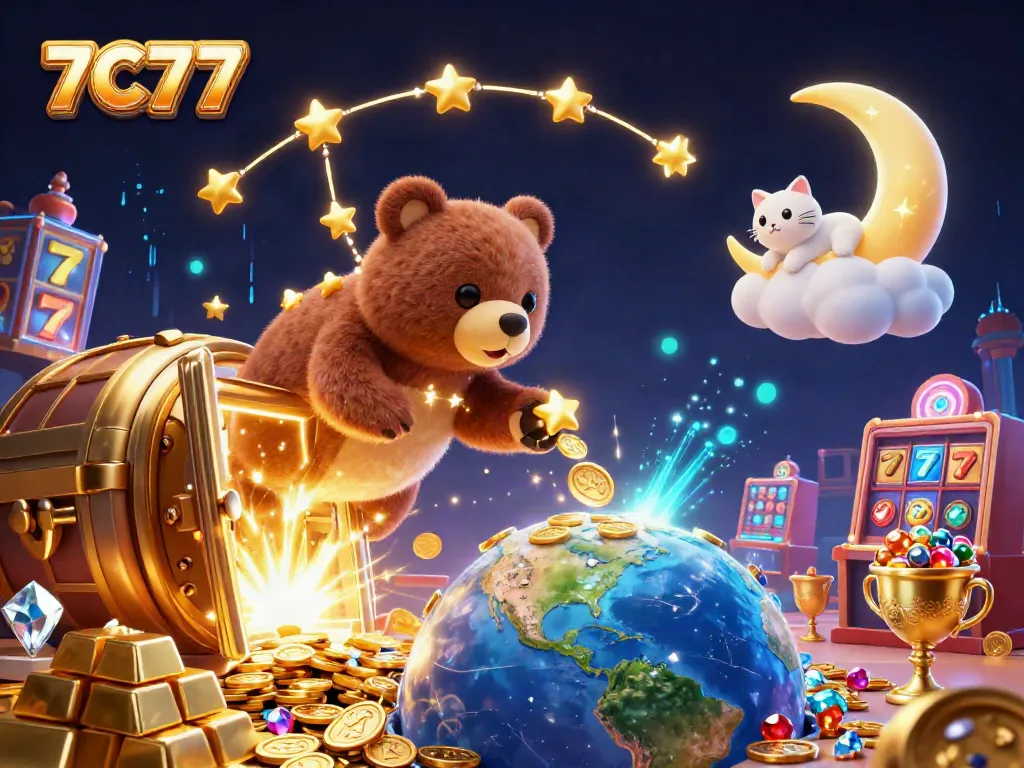 Engage with 7C77 in this vibrant 3D casino scene featuring dynamic treasure and vibrant game elements.