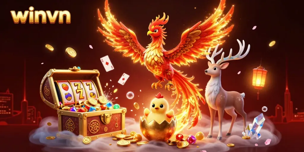 Experience thrilling wins with winvn's dynamic casino scene featuring a phoenix and treasures.