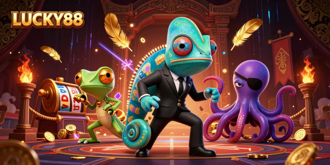 Spin the reels with LUCKY88, featuring vibrant characters in a rich dynamic 3D casino scene.