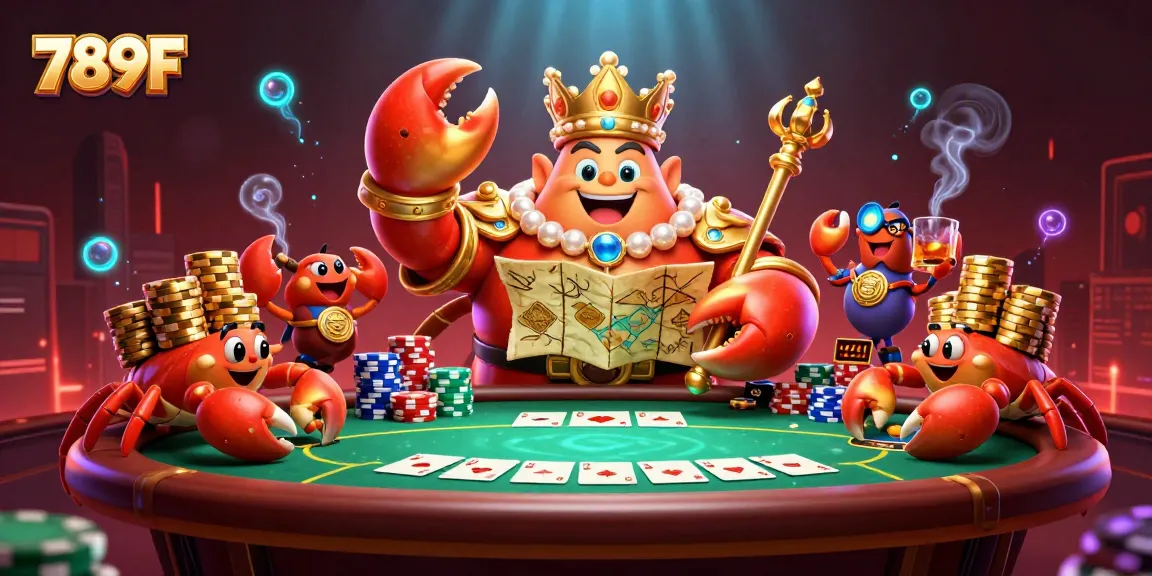 Experience thrilling poker action at 789F with a golden crab emperor hosting the ultimate casino night.