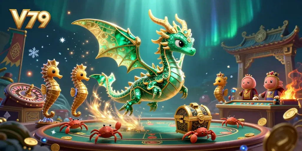 Engage in thrilling gameplay at V79 with a vibrant casino scene featuring a sea dragon, gold coins, and dynamic betting elements.