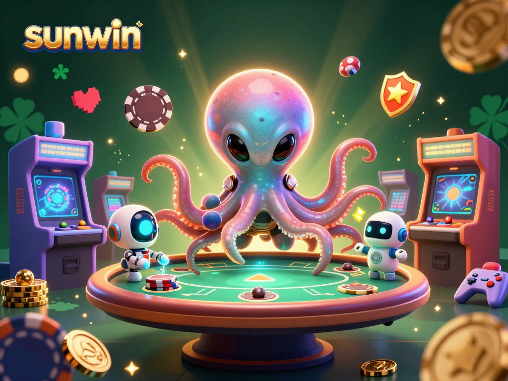 sunwin showcases a vibrant, interactive alien casino scene with a poker table and gaming elements