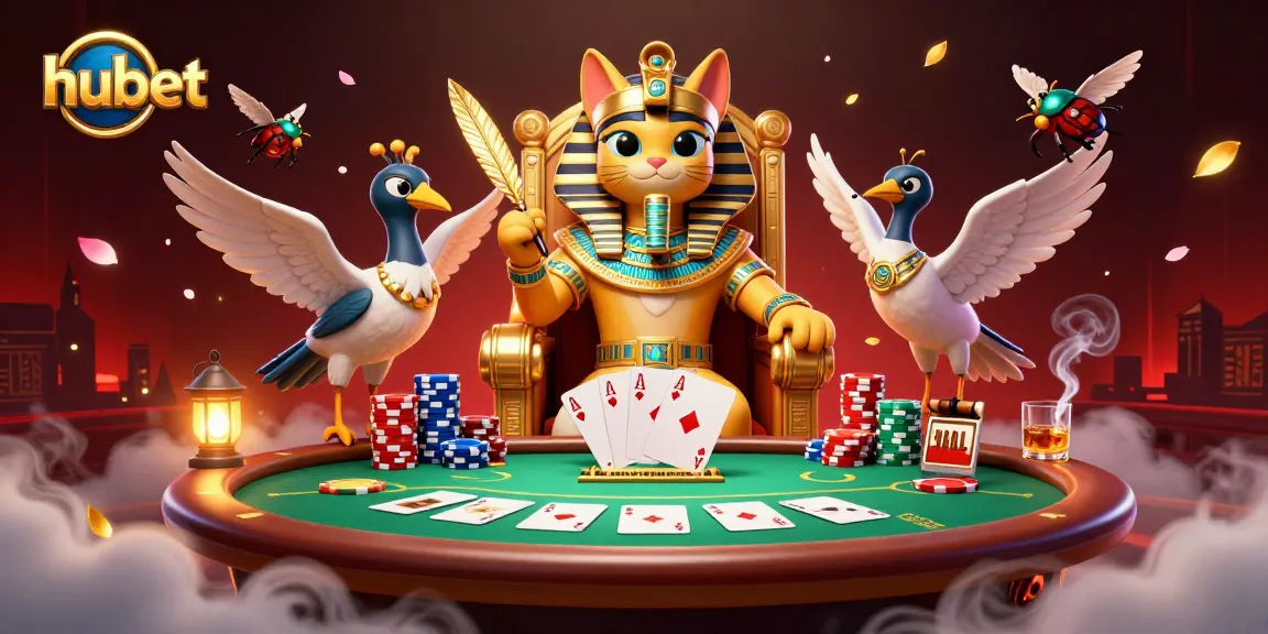 Experience thrilling poker action with hubet's vibrant casino illustration featuring a pharaoh cat.