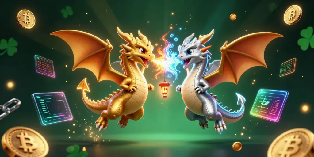 Experience the magic of au88 as twin dragons soar, surrounded by digital assets and vibrant casino elements.