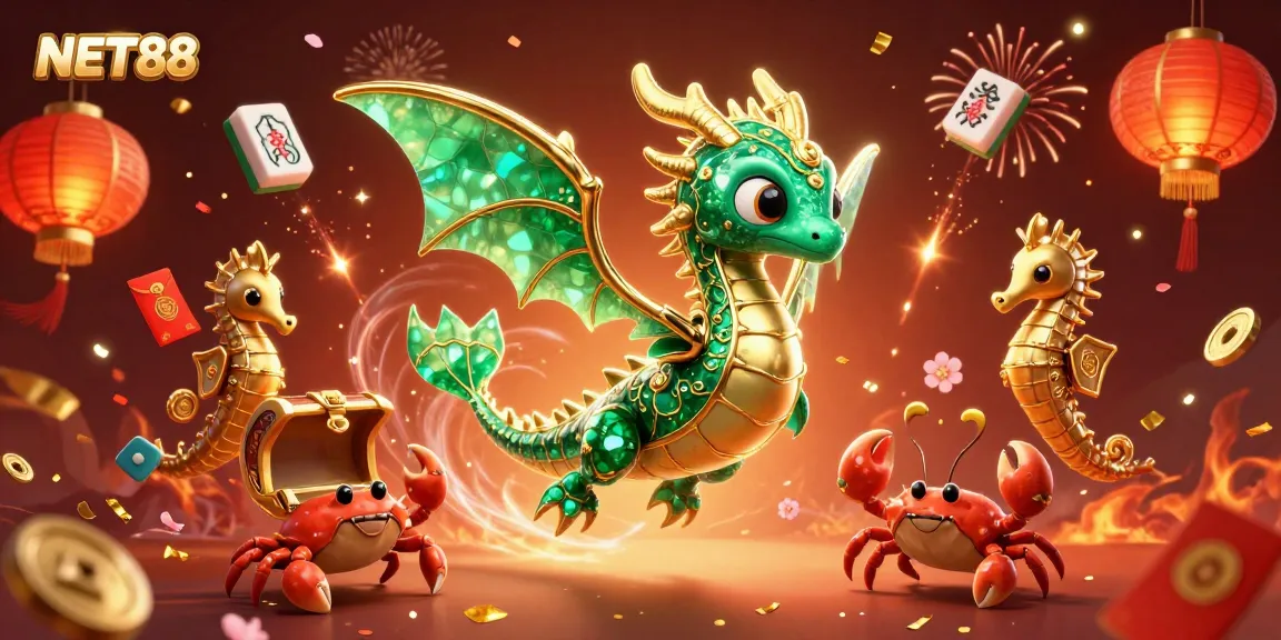 Engage with NET88 slots surrounded by a majestic sea dragon and vibrant game elements.