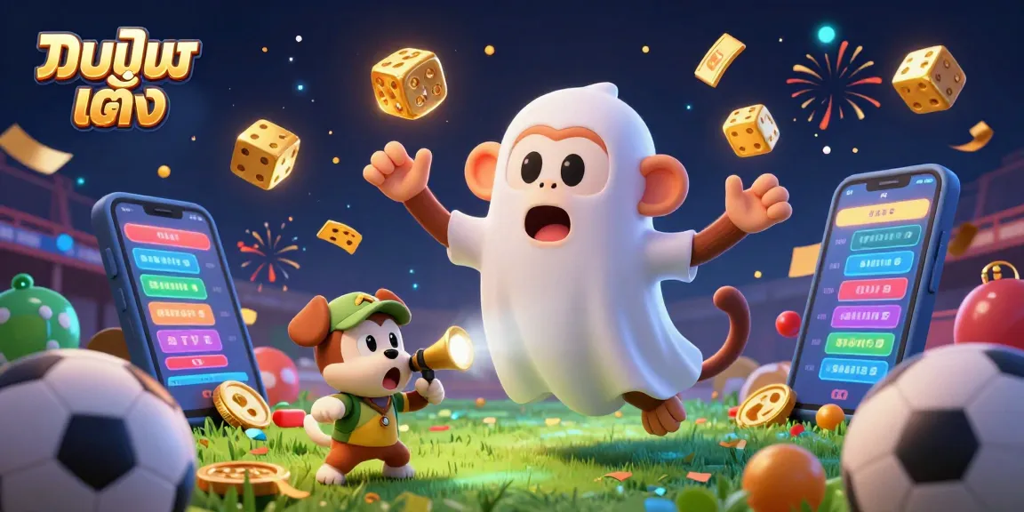 แทงบอลเต็ง sports betting scene featuring a mischievous monkey and a curious puppy tracking plays dynamically in a lively environment.