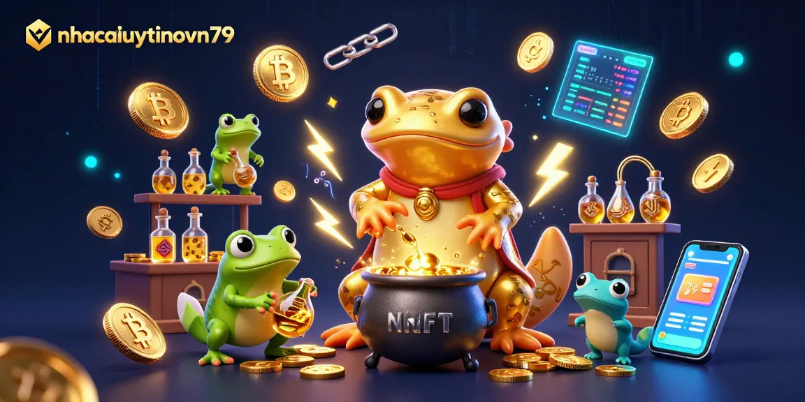 Experience the magic of nhacaiuytinovn79 with a golden salamander alchemist and cryptocurrency elements.