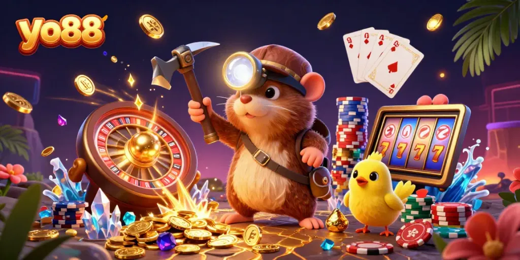 Engage with thrilling yo88 gaming as the treasure hunter mole discovers treasures amidst cascading gems and coins.