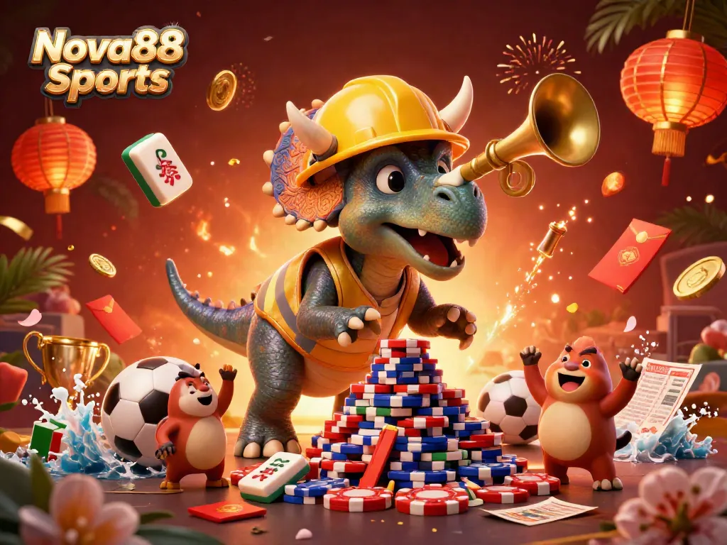 Celebrate your winning bets at Nova88 Sports with this vibrant 3D illustration showcasing sports-themed fun!