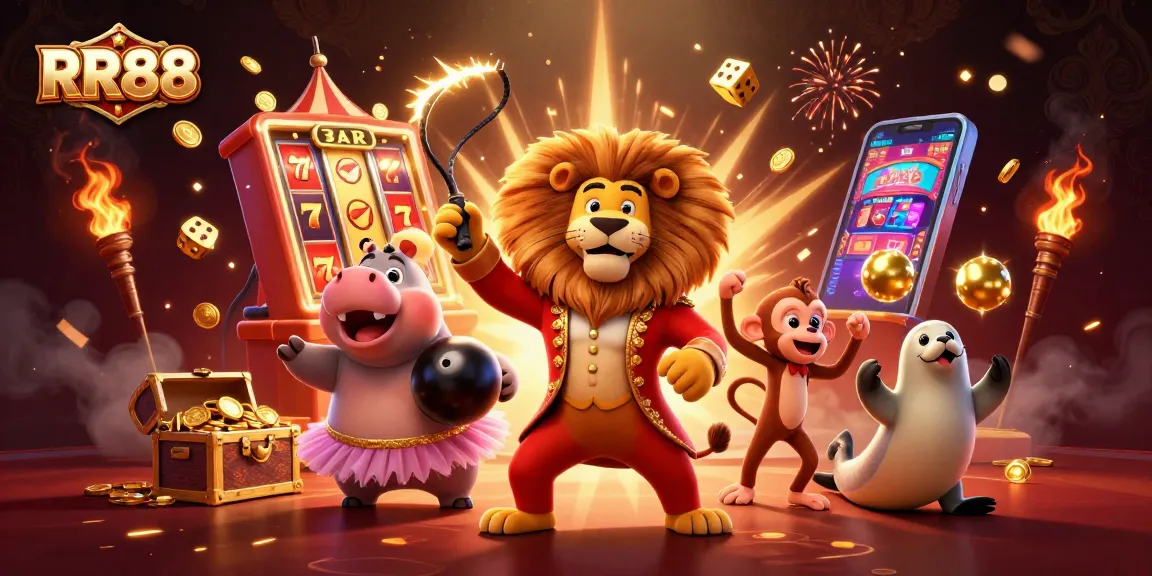 Experience thrilling gaming at RR88 with vibrant slot machines, dynamic characters, and exciting casino elements.