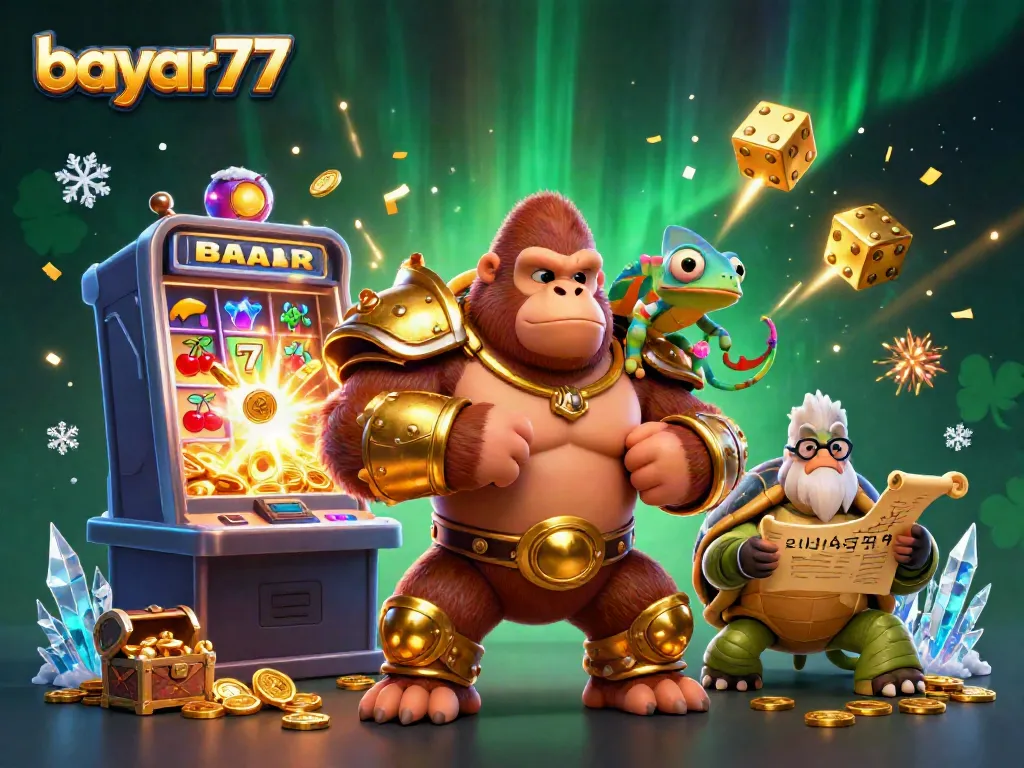 Engage in thrilling gameplay with bayar77, featuring a gorilla king, chameleon, and tortoise in a captivating casino scene.