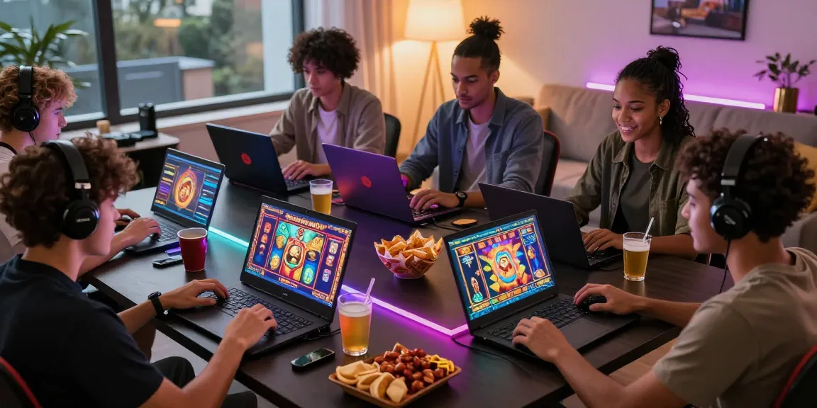 Players enjoying demo slot games on laptops and tablets in a vibrant gaming environment.