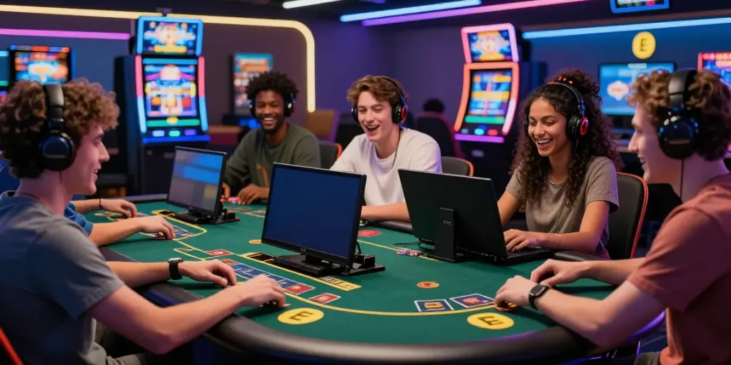 Exciting gaming experience with friends enjoying EE88 online casino games.