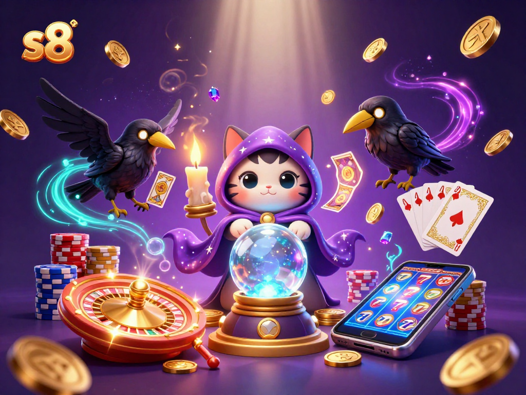 S8 delivers thrilling casino experiences with glowing games and golden winnings in a vibrant illustration.
