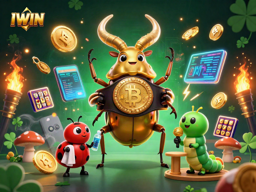 IWIN showcases a vibrant 3D scene with a golden stag beetle champion and crypto elements for engaging gambling