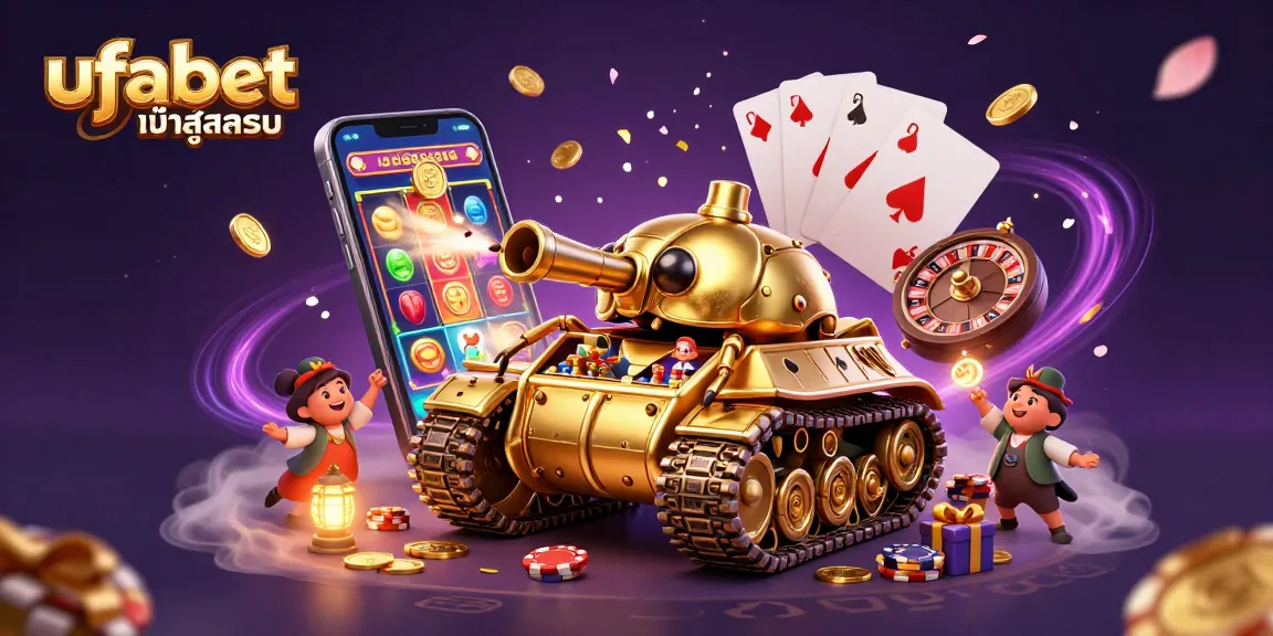 Experience the excitement of ufabet เข้าสู่ระบบ within a dynamic 3D casino scene featuring vibrant games and elements.